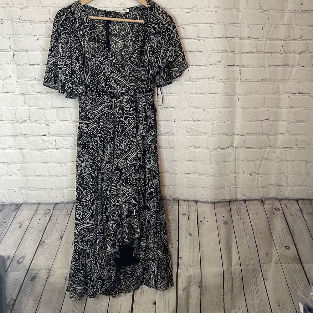 Calvin Klein Women Black White Paisley Faux Wrap High Low Midi Dress CD1HD664 4